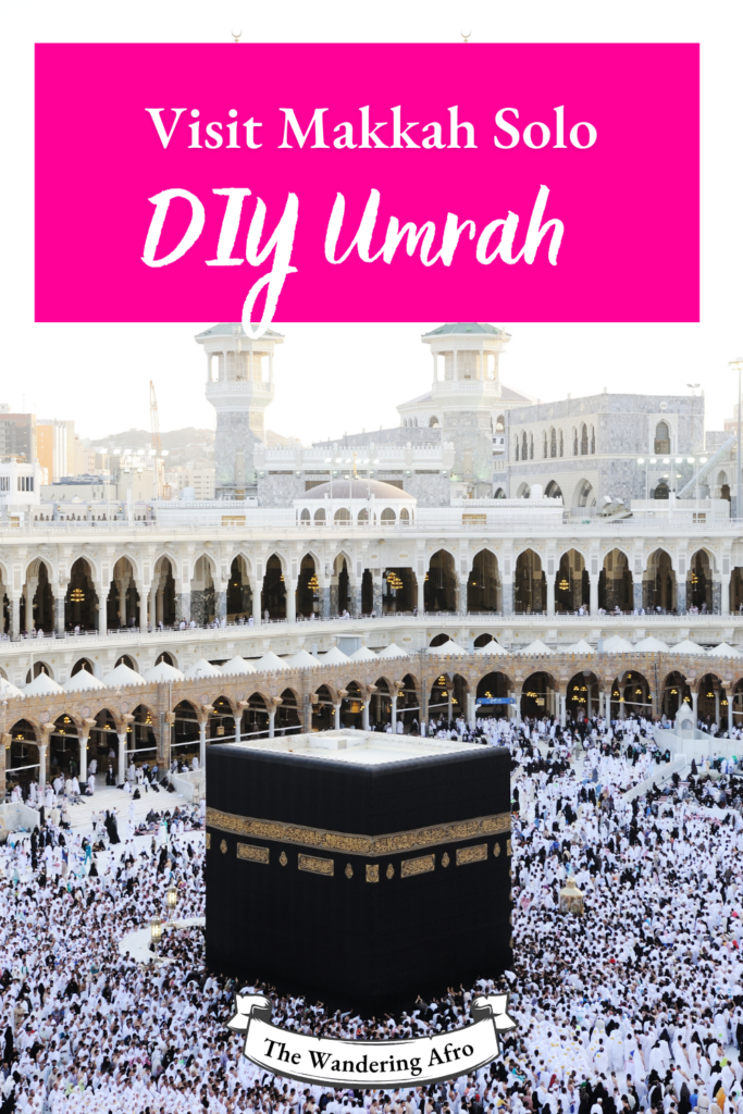 Pinterest pin says: DIY Umrah. Image of the Kaaba and Mosque