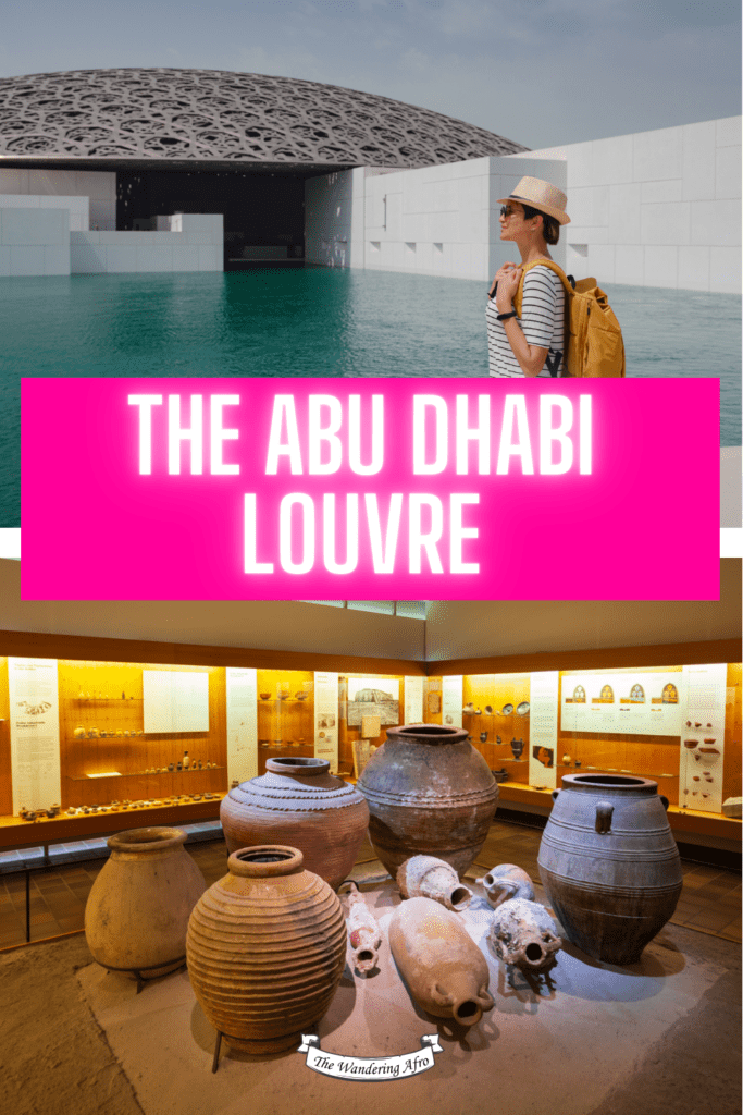 top photo is a tourist at Abu Dhabi Louvre. Bottom photo are ceramics from the Louvre