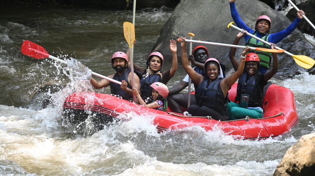 a diverse group of people going rafting in Bali