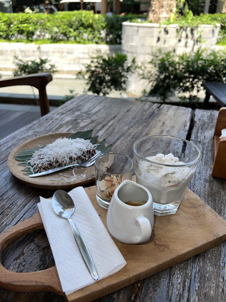 a coffee, ice cream, and coconut dessert at Tukies Coconut Shop