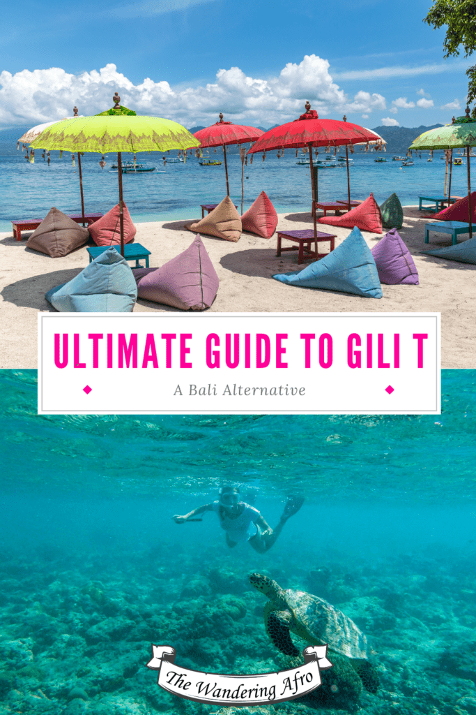 Pinterest pin says " Ultimate Guide to Gili T" with photos of the beach and ocean