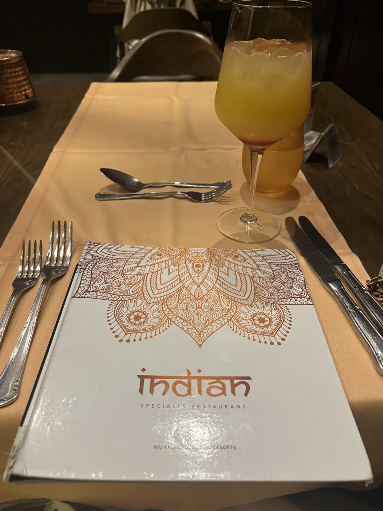 a menu of the Indian restaurant RIU Los Cabos 