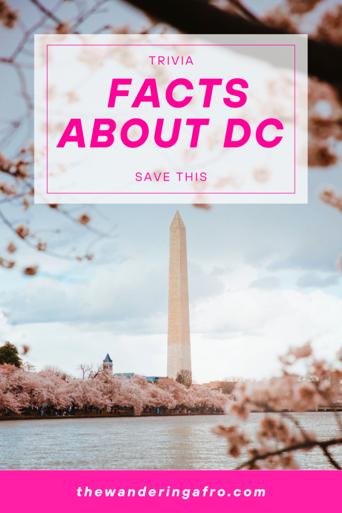 a close up of the National Mall, an extremly tall and narrow beige monument. Text says "facts about DC" save this