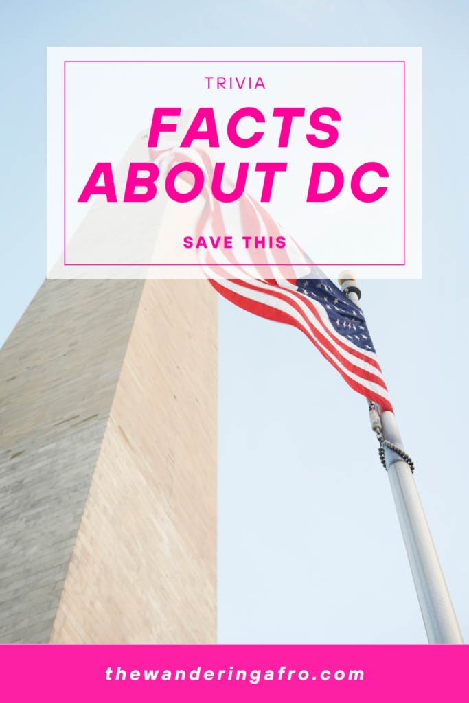 a close up of the National Mall, an extremly tall and narrow beige monument. Text says "facts about DC" save this