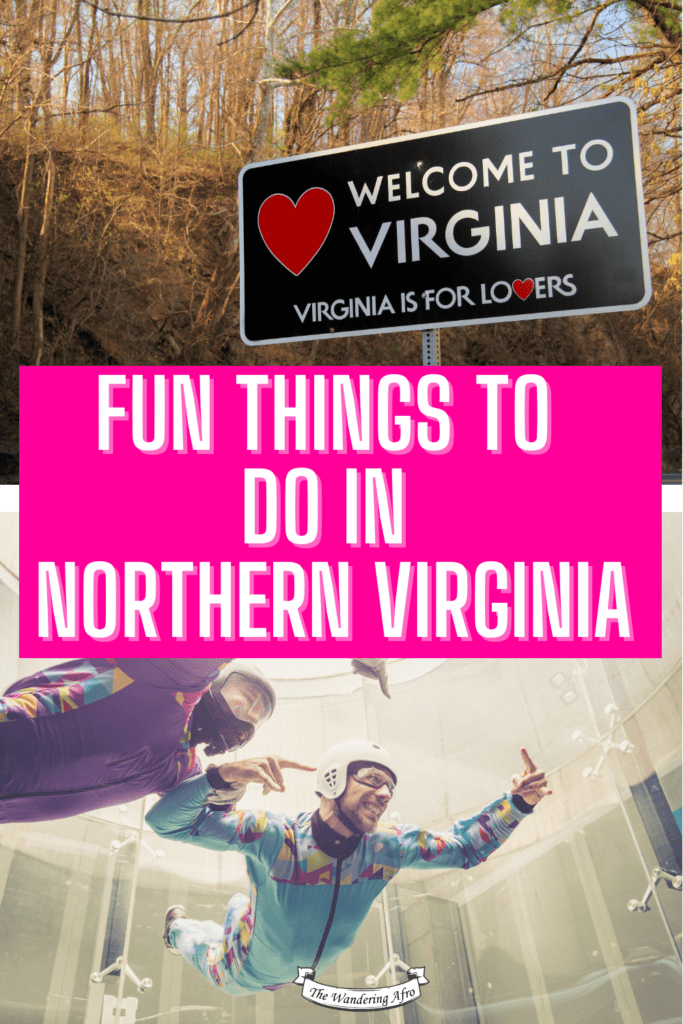 Pin says fun things to do in Northern Virginia. top photo is a sign that says Welcome to Virginia. Bottom is a photo of two men doing indoor skydiving