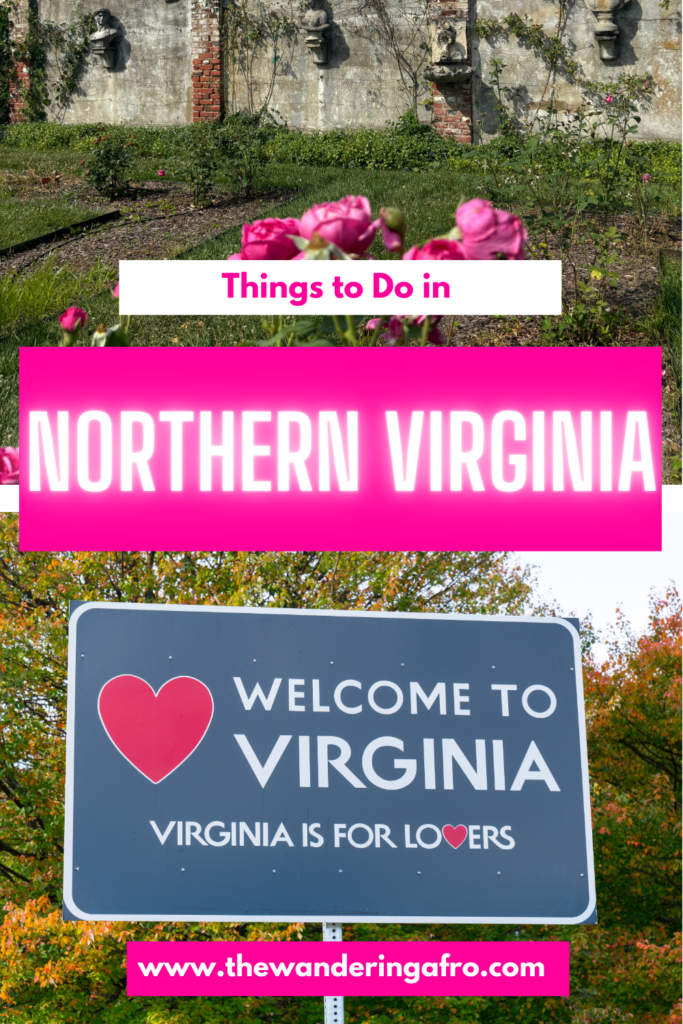 a pinterest pin with 2 images. top image is of a pink flower and wall sculptures. Bottom photo is a welcome sign to Virginia. Text says " Things to do in Northern Virginia