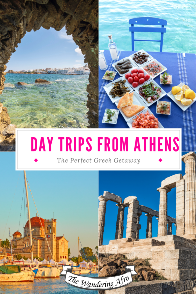 pinterest pins with text that says Day trips from Athens Greece