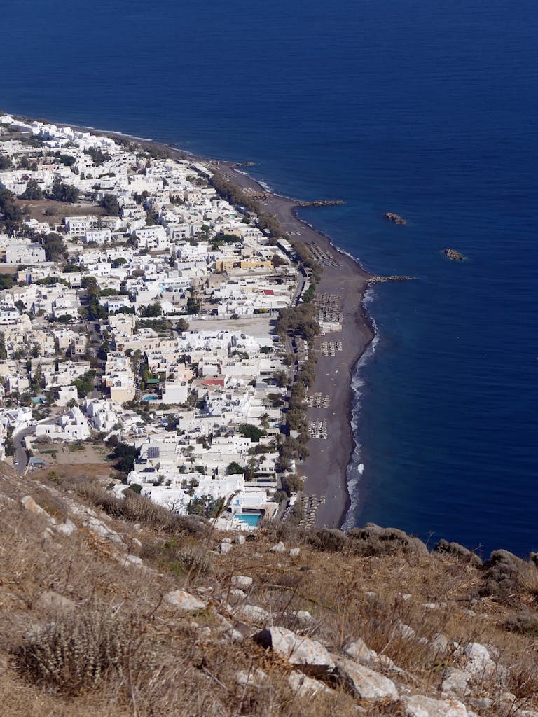 Aerial View of the Town of Kamari, Santorini, Greece