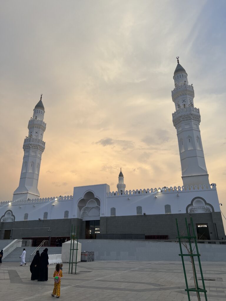 exterior of the Masjid al Quba when the sun is going down