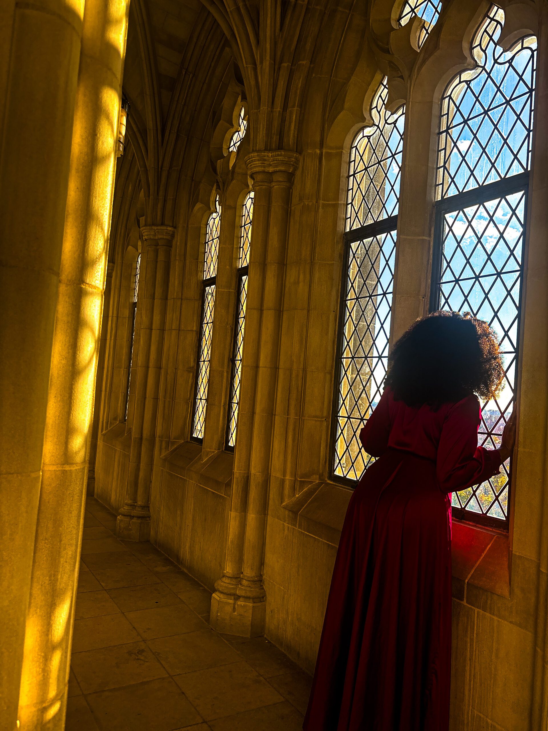 Black woman with big afro looking out of the Washington National Cathedral windows with lots of dramatic shadows